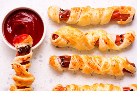 Mummy Sausages with Ketchup for Halloween.top veiw .selective focusの写真素材