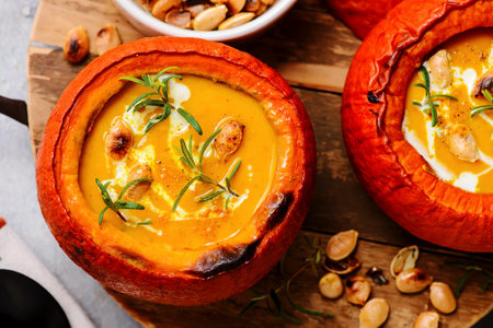 Pumpkin Cream Soup with Ginger and Curry in a Pumpkin with pumpkin seeds a .style hugge.selective focus. top veiwの写真素材