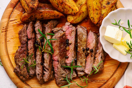 steak with sauce and potatoes..style rustic.selective focusの写真素材