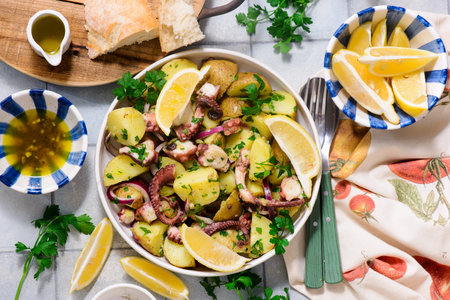 Traditional Potato Salad with Octopus.top veiw. selective focus