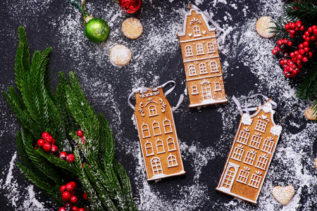 Gingerbread Christmas Tree Toys on a Christmas rustic background. Style rustic.top veiw .selective...