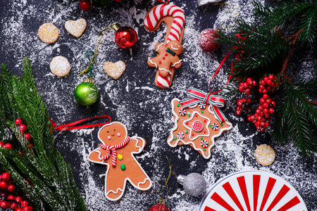 Gingerbread Christmas Tree Toys on a Christmas rustic background. Style rustic.top veiw .selective...