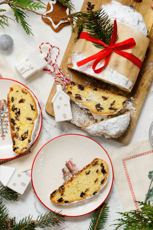 Christmas curd stollen on a Christmas rustic background. Style rustic. selective focus