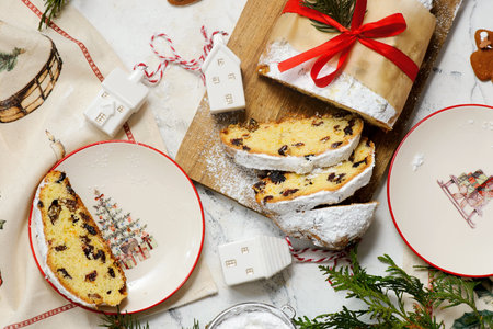 Christmas curd stollen on a Christmas rustic background. Style rustic. selective focusの写真素材
