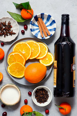 Mulled wine with oranges and spices in glass glasses.. top view. style vintage. selective focusの写真素材