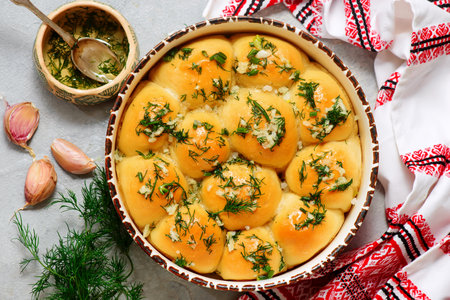 Traditional Ukrainian pampushki with borsch .style rustic.top veiw.selective focusの写真素材