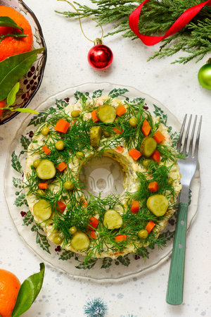 Salade Olivier, Russian salad, traditional Russian New Year's salad.top veiwの写真素材