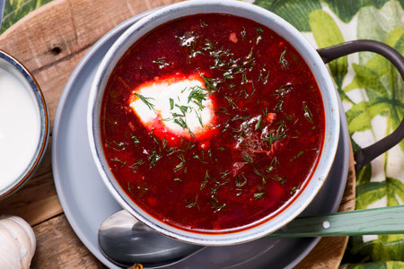 Traditional Ukrainian borsch with pampushki .style rustic.top veiw.selective focusの写真素材