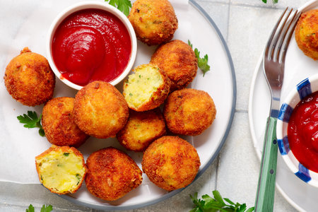 Potato and cheese croquettes with ketchup. style hugge. selective focus