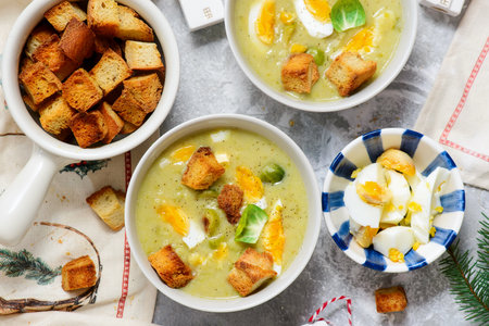 Cream of Brussels Sprouts Soup with Boiled Egg and Croutons..top veiw.style hugge.selective focusの写真素材
