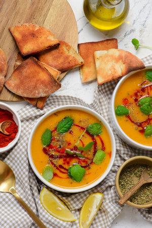 Traditional Vegan Red Lentil soup.top view.selective focusの写真素材