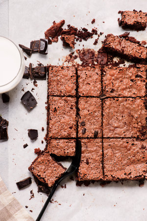 Chocolate brownie cut into squares.top veiw.selective focus