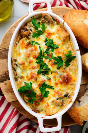 Baked Julienne with Chicken and Mushrooms.. top veiw.selective focusの写真素材