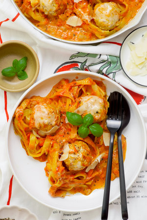 Pasta Nests with Meatballs in Sauce.top veiw.selective focusの写真素材