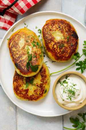 Potato patties stuffed with meat and sour cream.top veiw. selective focusの写真素材