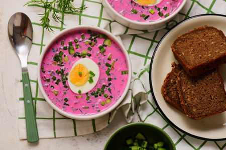 Lithuanian cold borsch, a traditional cold soup .top veiw .selective focus