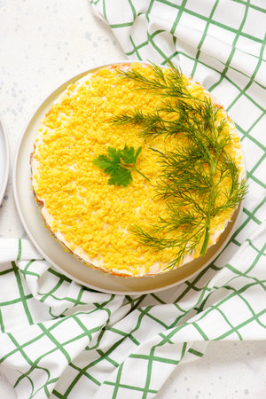 traditional Russian vegetable salad with a salmon Mimosa. top veiwの写真素材