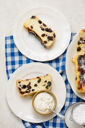 Cottage cheese casserole with raisins and sour cream.top veiw.selective focusの写真素材
