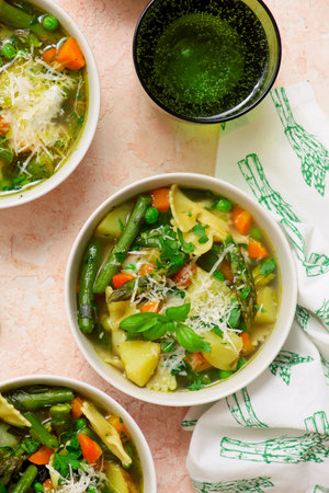 Minestrone soup with pesto.top veiw.style hugge.selective focusの写真素材