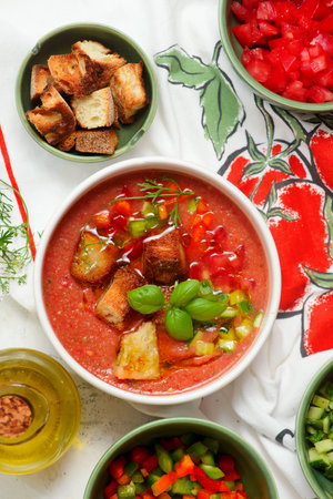 Gazpacho, a traditional Spanish cold soup on a tableの写真素材