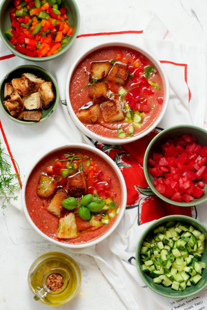 Gazpacho, a traditional Spanish cold soup on a tableの写真素材