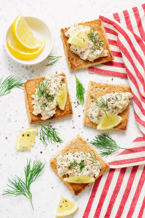 Swedish Toast with Shrimp. Skagen.top veiw.selective focus