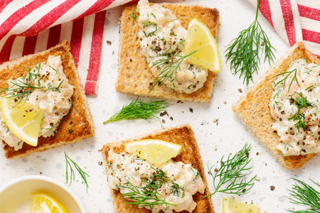 Swedish Toast with Shrimp. Skagen.top veiw.selective focusの写真素材