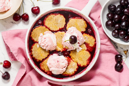 Cherry Cobbler with Honey Butter Vanilla Bean Biscuits in pan.top veiw.selective focusの写真素材