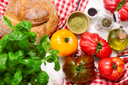 Panzanella Italian summer tomato salad.top veiw. selective focusの写真素材