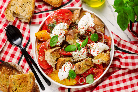Panzanella Italian summer tomato salad.top veiw. selective focusの写真素材