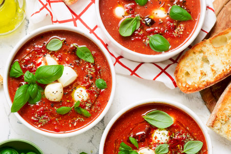Roasted Tomato Soup with Mozzarella and Basil Caprese Style. top veiwの写真素材