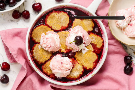 Cherry Cobbler with Honey Butter Vanilla Bean Biscuits in pan.top veiw.selective focusの写真素材