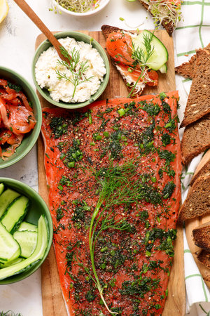 Traditional Norwegian Salmon Gravlax with Dill. top view. selective focusの写真素材