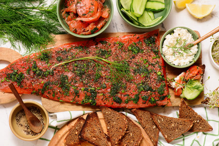 Traditional Norwegian Salmon Gravlax with Dill.top veiw.selective focusの写真素材