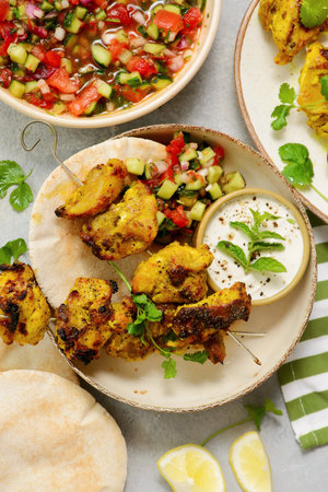 Persian chicken kebab with yogurt sauce, pitas and shiraz vegetable salad .top veiw.selective focusの写真素材