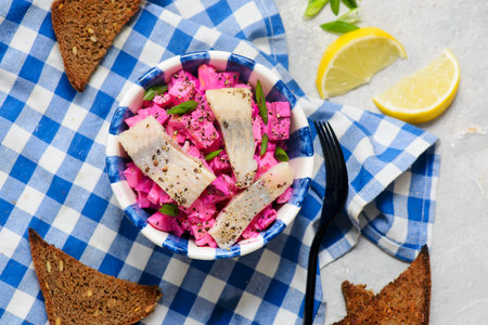 Traditional Swedish salad with herring, apple and beetroot.style hugge.selective focusの写真素材