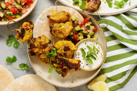 Persian chicken kebab with yogurt sauce, pitas and shiraz vegetable salad .top veiw.selective focus