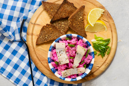 Traditional Swedish salad with herring, apple and beetroot.style hugge.selective focusの写真素材