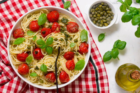 Roasted tomato and basil pasta.Style hugge.selective focus.top veiwの写真素材