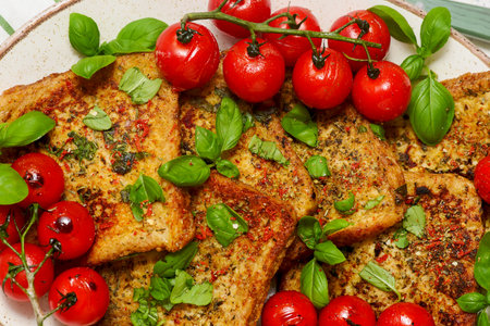 Easy Savory French Toast with Roasted Cherry Tomatoes and Basil..top view.selective focusの写真素材
