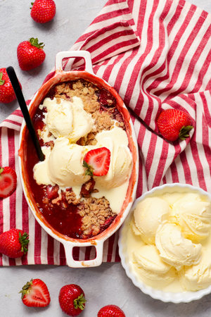 Strawberry Bourbon Crisp with Vanilla ice cream .top veiw.selective focusの写真素材