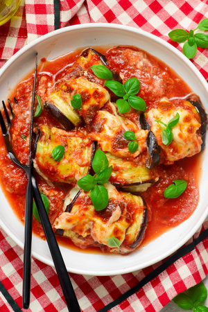 Simple Eggplant Rollatini Casserole.top veiw.selective focusの写真素材