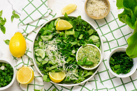 Fresh Green Goddess Salad with Cheese Lemon Dressing.top veiw.selective focusの写真素材
