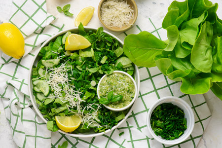 Fresh Green Goddess Salad with Cheese Lemon Dressing.top veiw.selective focusの写真素材
