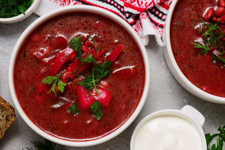 Ukrainian borscht with sour cream in bowls.. top view.selective focus
