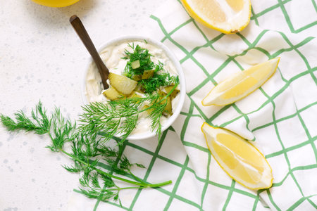 Tartar sauce with pickled cucumbers and dill in a bowl.style hugge. top veiw.selective focusの写真素材