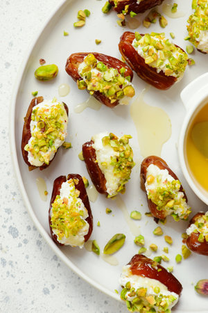 Honey Pistachio Ricotta stuffed Dates.top veiw.selective focusの写真素材