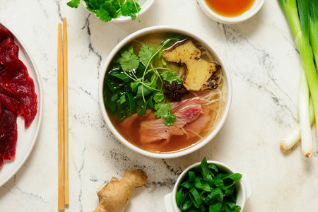 Vietnamese beef soup Pho.top view..style huge.selective focus