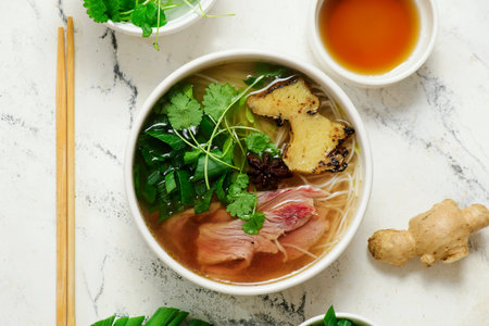 Vietnamese beef soup Pho. top view. style huge. selective focus