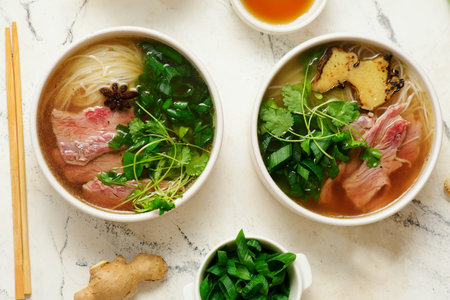 Vietnamese beef soup Pho. top view..style hugge.selective focus